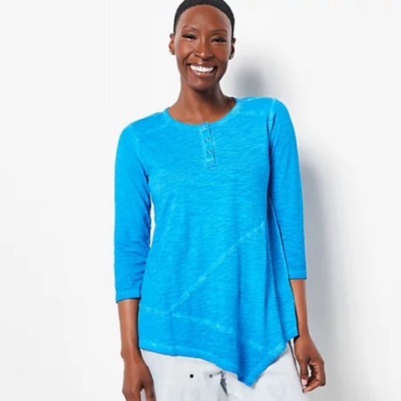 NWT LOGO BY LORI GOLDSTEIN DISTRESS COTTON SLUB 3/4 SLEEVE TOP IBIZA BLUE XXS - Picture 1 of 11